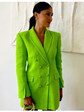 NWT: Zara Neon Green Double-Breasted Blazer Dress in Sz: Large